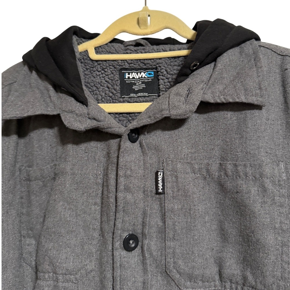 Tony Hawk Mens Gray Sherpa Lined Hooded Flannel Shirt Jacket Size Medium M - Picture 4 of 5